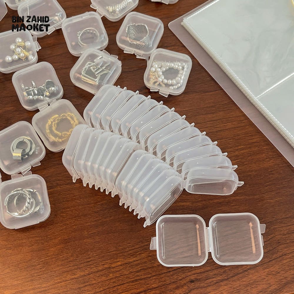 PACK OF 10 – MINI PLASTIC SQUARE JEWELRY BOXES – PORTABLE TRANSPARENT STORAGE CASE FOR EARRINGS PILLS & EARPLUGS