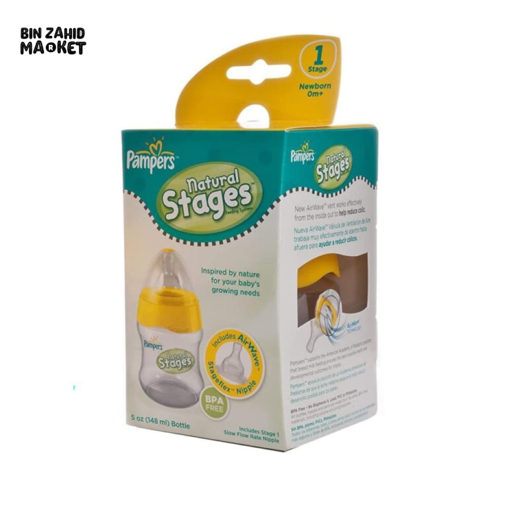 PAMPERS NATURAL STAGES FEEDING BOTTLE 148ML 5OZ AIR WAVE VENTING TECHNOLOGY ANTI-COLIC BABY FEEDER