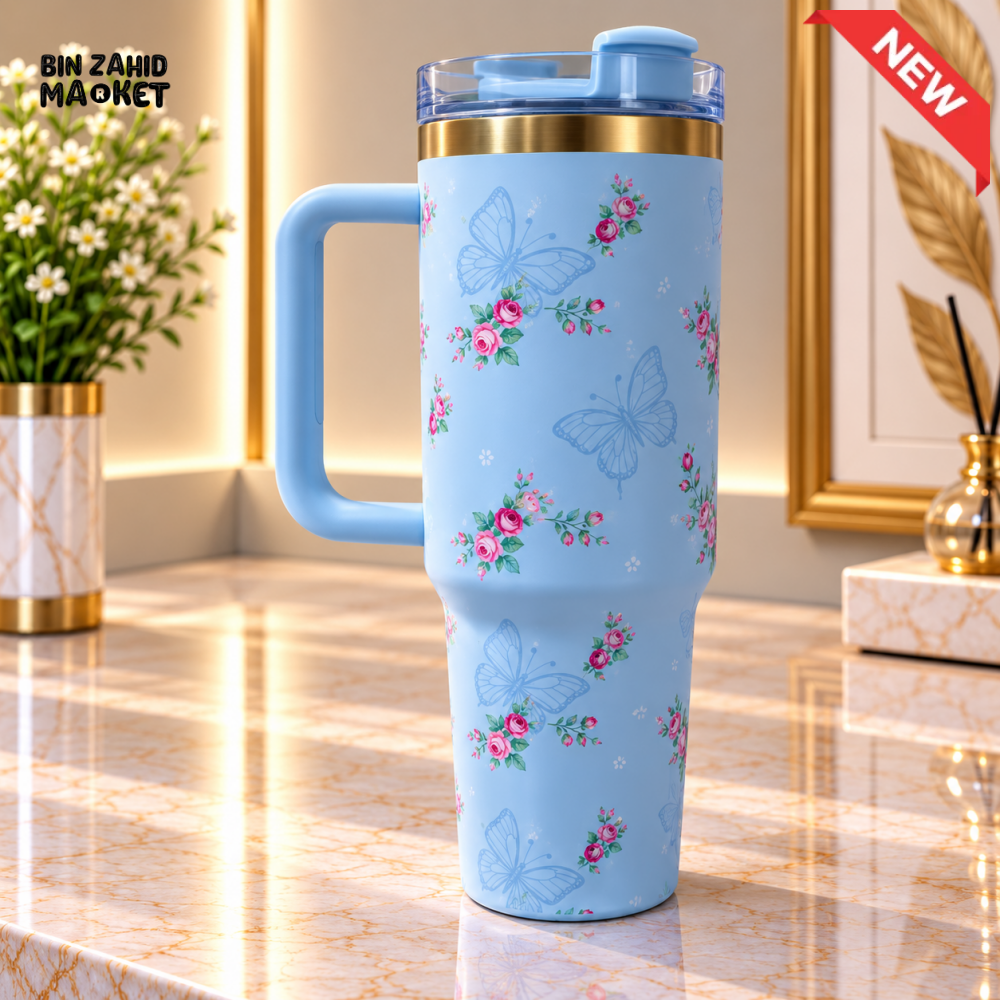 PASTEL BLUE FLORAL BUTTERFLY STAINLESS STEEL INSULATED TRAVEL TUMBLER WITH HANDLE 40OZ