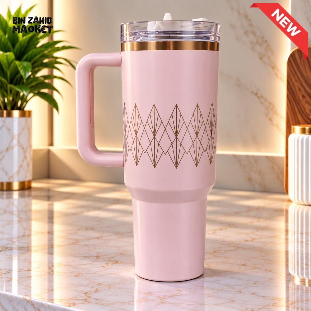 PASTEL PINK GEOMETRIC STAINLESS STEEL INSULATED TRAVEL TUMBLER WITH HANDLE 40OZ