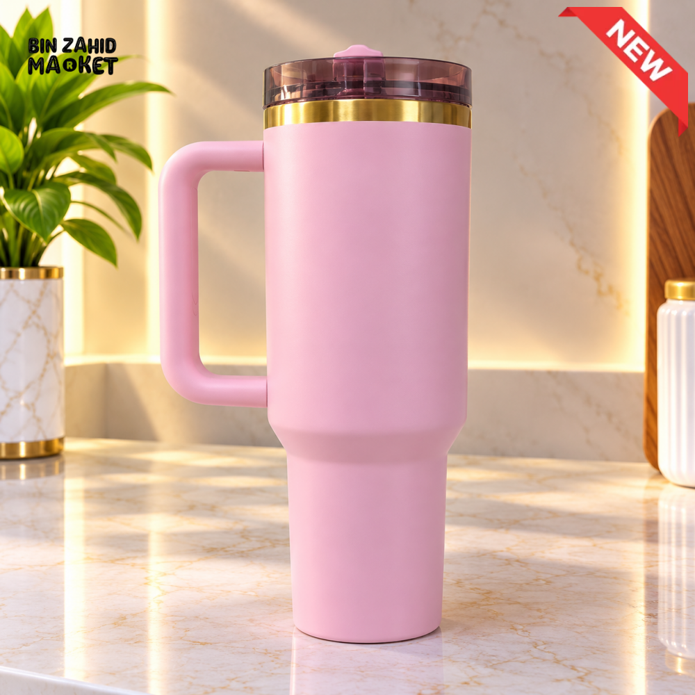 PASTEL PINK STAINLESS STEEL INSULATED TRAVEL TUMBLER WITH HANDLE 40OZ