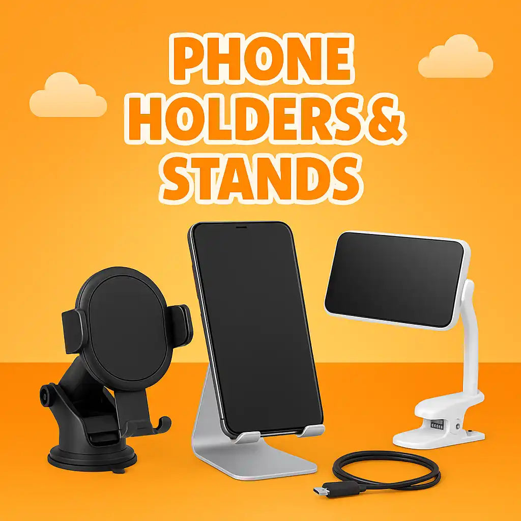 Various phone holders and stands.