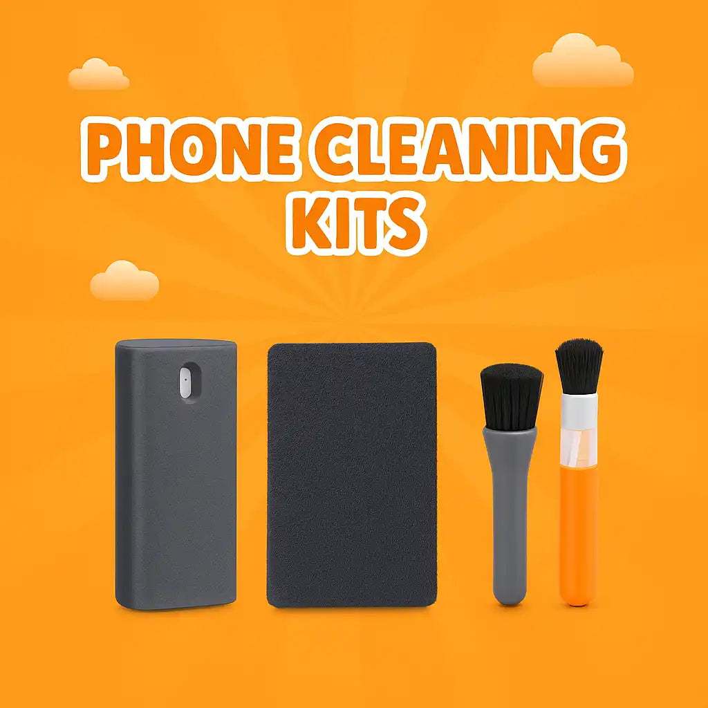 Various phone cleaning tools, including spray bottles, cloths, and brushes.