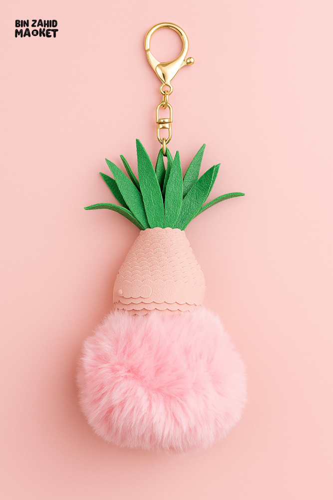 PINEAPPLE POM POM KEYCHAIN – FLUFFY BAG CHARM WITH METAL CLIP