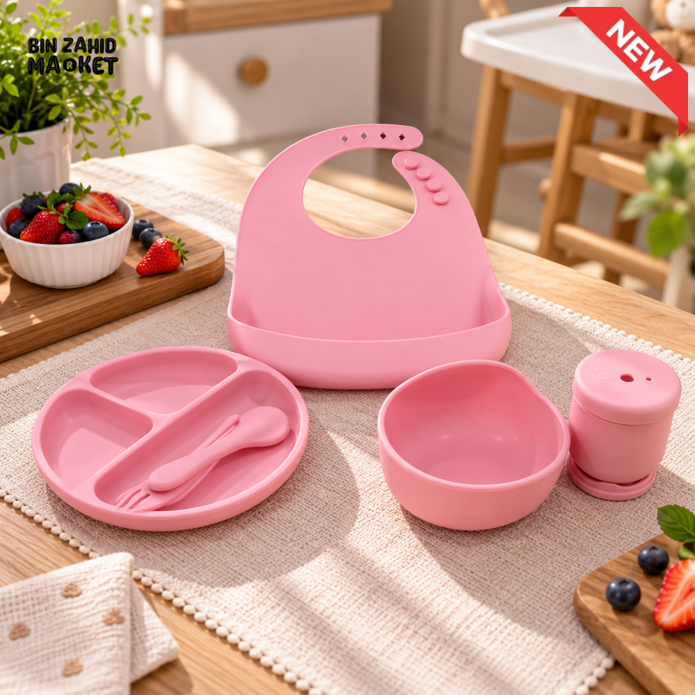 PINK BABY FEEDING SET WITH BIB PLATE BOWL AND CUTLERY - Baby Accessories