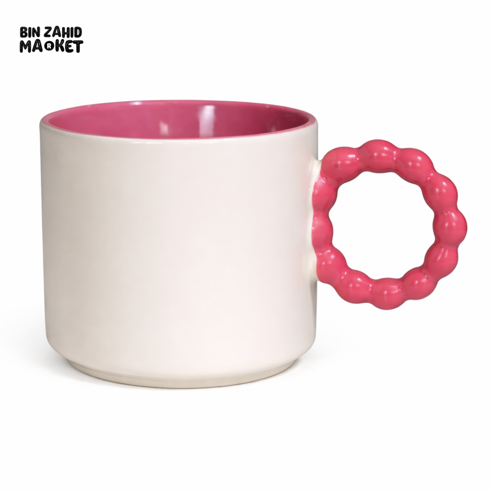 PINK BEADED HANDLE CERAMIC MUG – OFF-WHITE COFFEE CUP WITH PINK INTERIOR