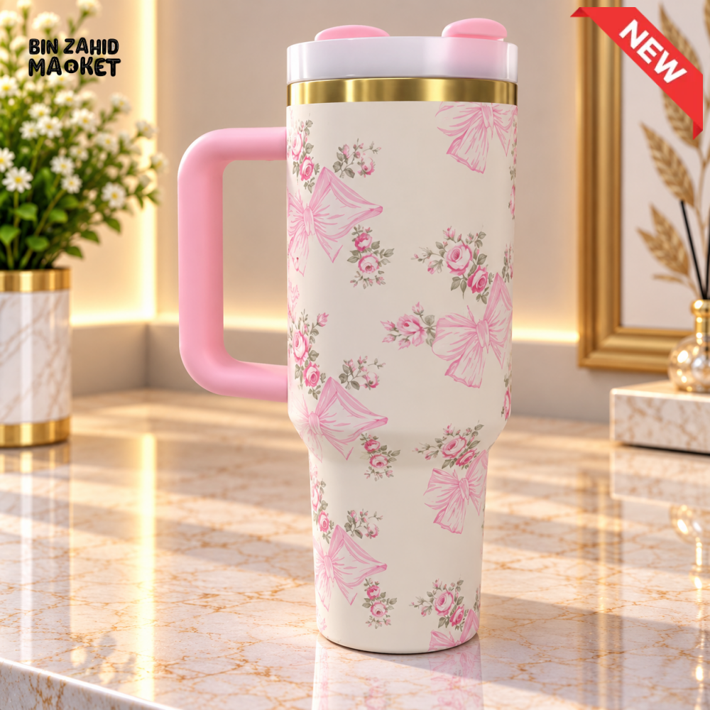 PINK BOW FLORAL STAINLESS STEEL INSULATED TRAVEL TUMBLER WITH HANDLE 40OZ