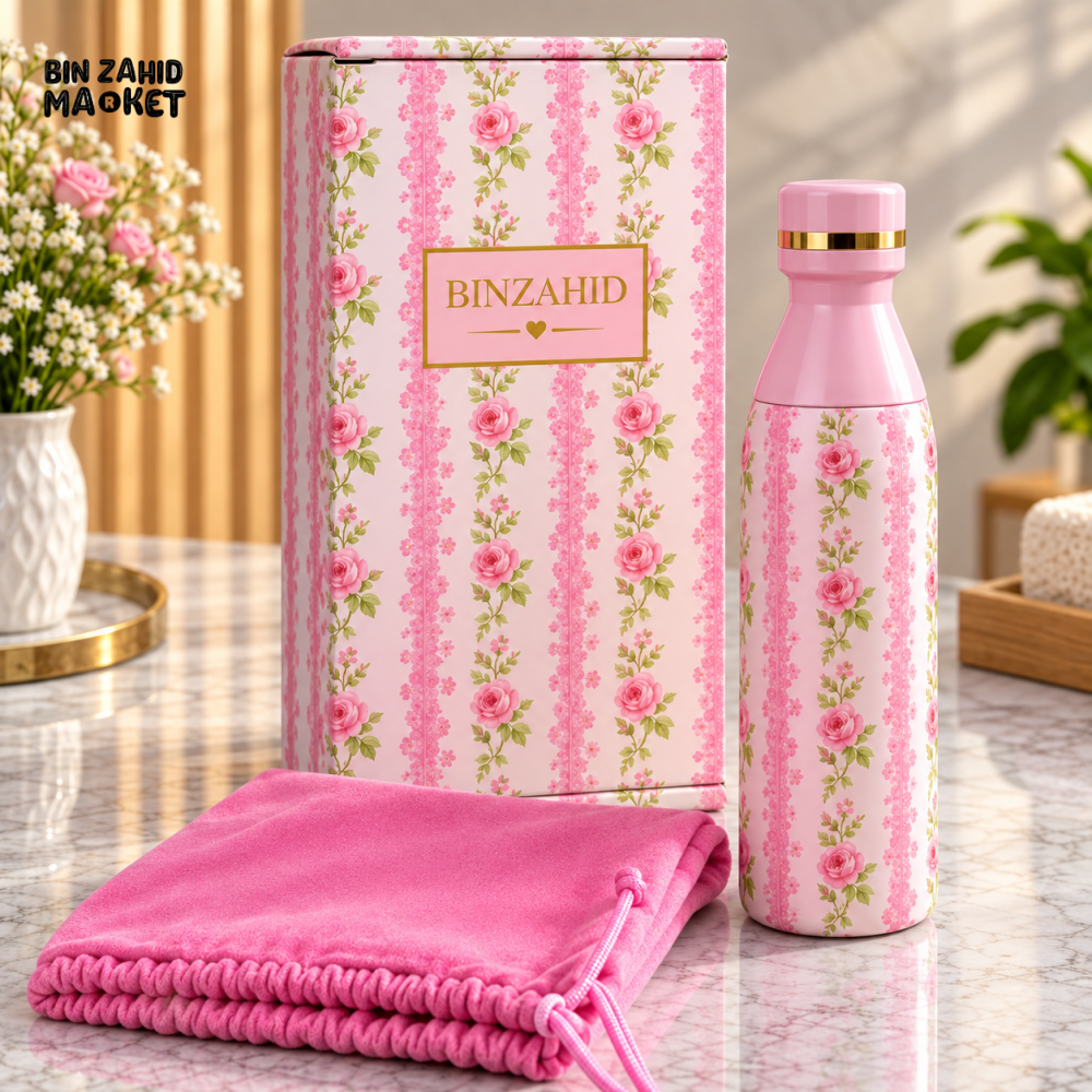 PINK FLORAL INSULATED WATER BOTTLE WITH GIFT BOX AND POUCH