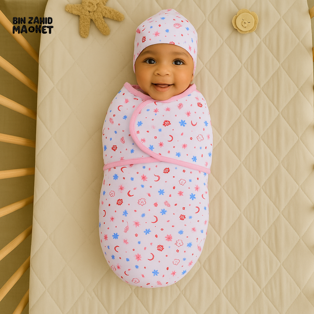 PINK FLORAL NEWBORN SWADDLE SET WITH CAP & MITTENS – COTTON COMFORT