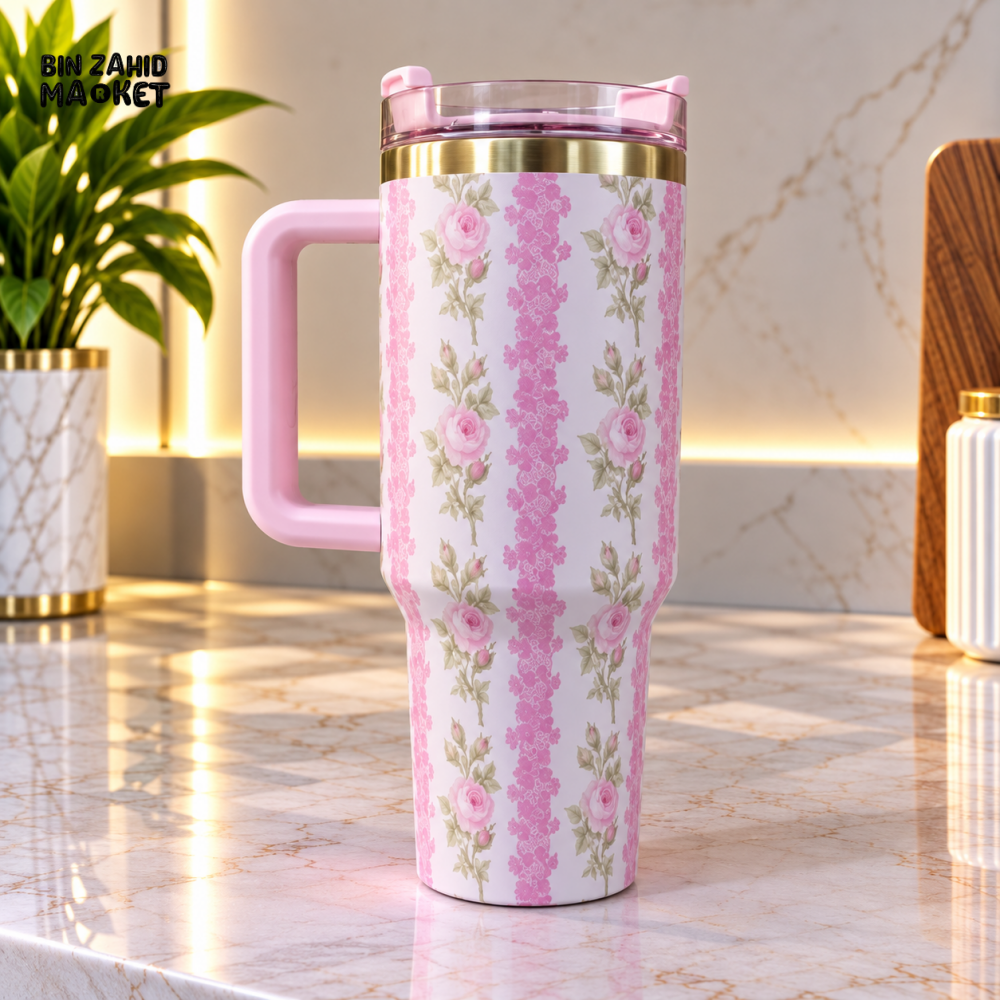 PINK FLORAL STAINLESS STEEL INSULATED TRAVEL TUMBLER WITH HANDLE 40OZ