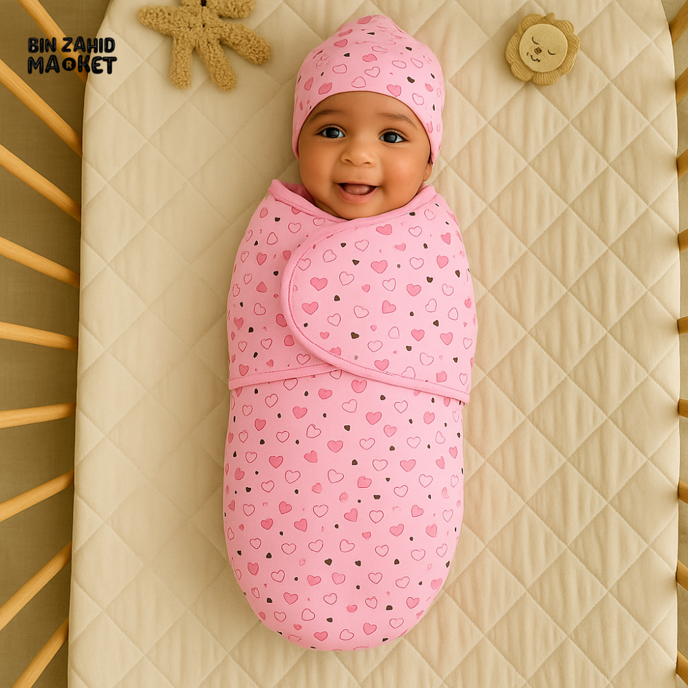 PINK HEART PRINT NEWBORN SWADDLE SET WITH CAP – COTTON WRAP FOR BABY GIRLS