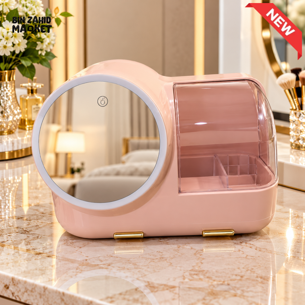 PINK MAKEUP ORGANIZER WITH ROUND MIRROR & COVERED STORAGE - Beauty & Makeup Organizers