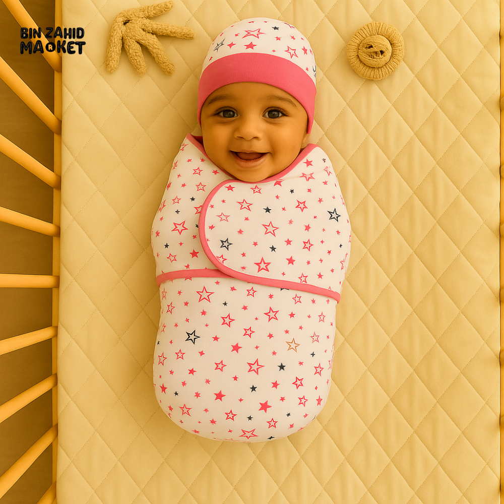 PINK STAR PRINT NEWBORN SWADDLE SET WITH CAP & MITTENS – SOFT COTTON BABY WRAP