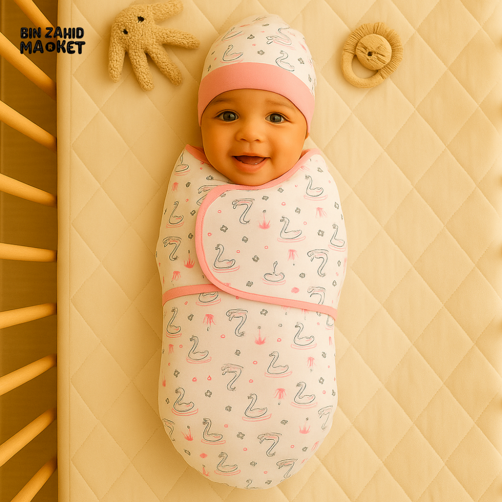 PINK SWAN PRINT NEWBORN SWADDLE SET WITH CAP & MITTENS