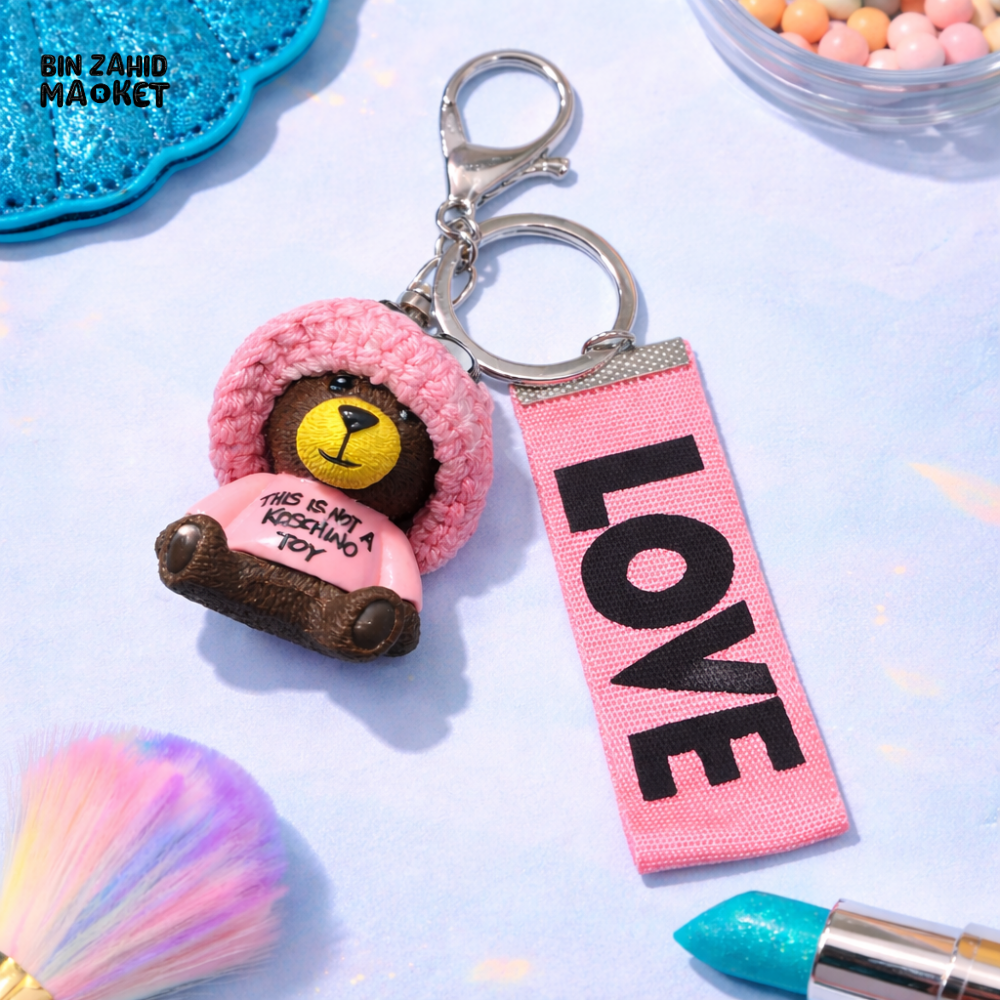 PINK TEDDY KEYCHAIN WITH LOVE TAG – CUTE AESTHETIC KEY HOLDER - Key Holders