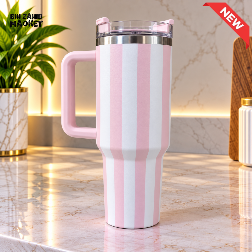 PINK & WHITE STRIPED STAINLESS STEEL INSULATED TRAVEL TUMBLER WITH HANDLE 40OZ