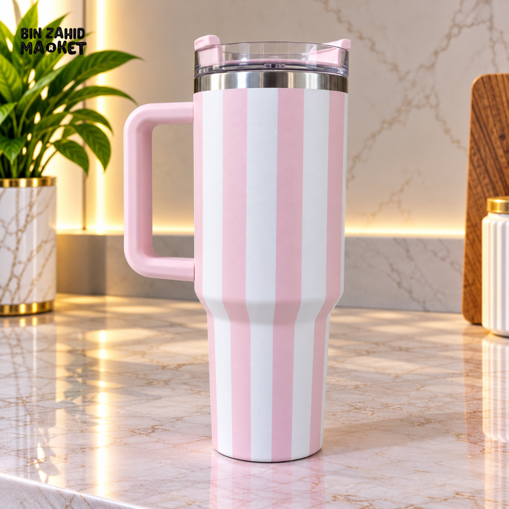 PINK & WHITE STRIPED STAINLESS STEEL INSULATED TRAVEL TUMBLER WITH HANDLE 40OZ