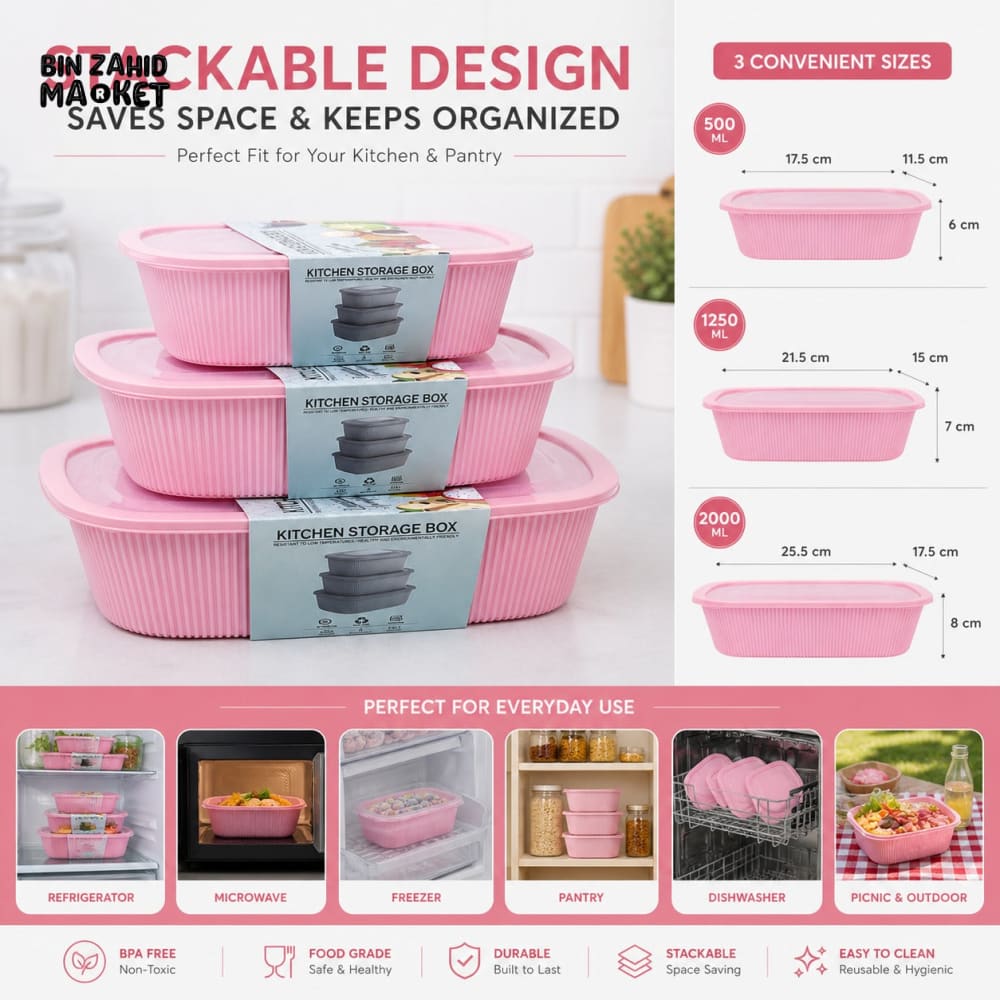 PLASTIC FOOD STORAGE CONTAINER SET WITH TRANSPORT LID - 3 PIECE SET