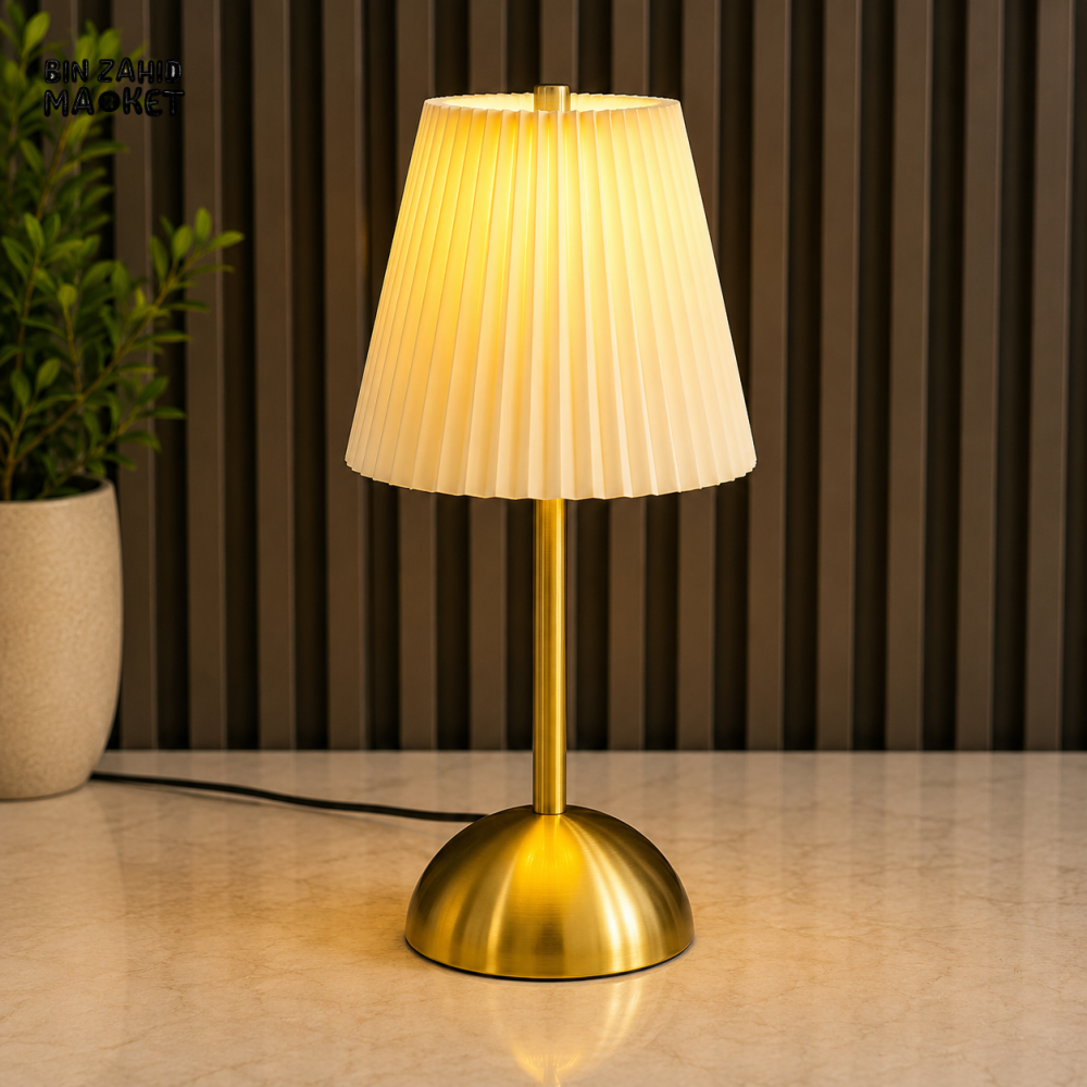 PLEATED SHADE LED TABLE LAMP WITH GOLDEN BASE