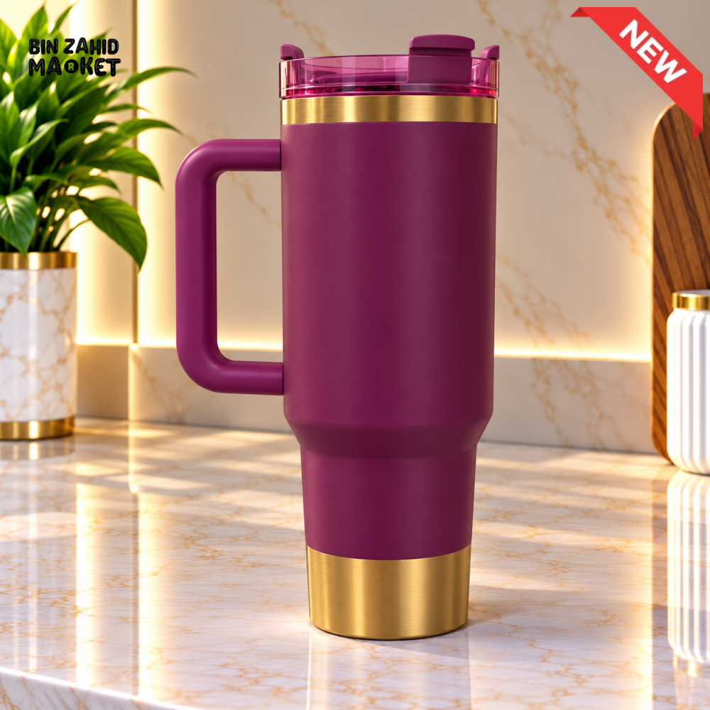 PLUM PURPLE STAINLESS STEEL INSULATED TRAVEL TUMBLER WITH HANDLE 40OZ