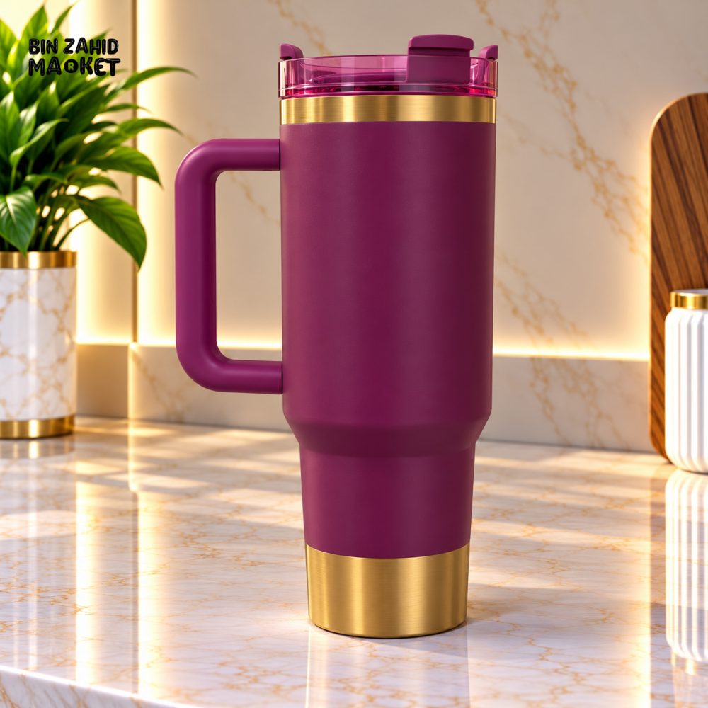 PLUM PURPLE STAINLESS STEEL INSULATED TRAVEL TUMBLER WITH HANDLE 40OZ
