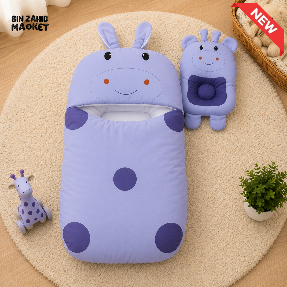 POLKA DOT GIRAFFE DESIGN COTTON POLYESTER BABY SLEEPING BAG WITH MATCHING PILLOW - BLUE