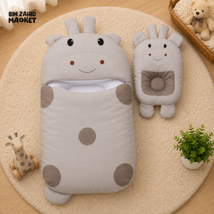 POLKA DOT GIRAFFE DESIGN COTTON POLYESTER BABY SLEEPING BAG WITH MATCHING PILLOW - GREY