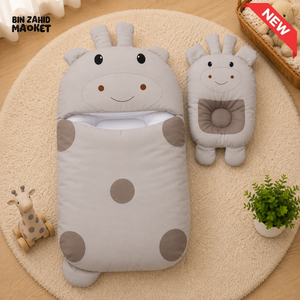 POLKA DOT GIRAFFE DESIGN COTTON POLYESTER BABY SLEEPING BAG WITH MATCHING PILLOW - GREY
