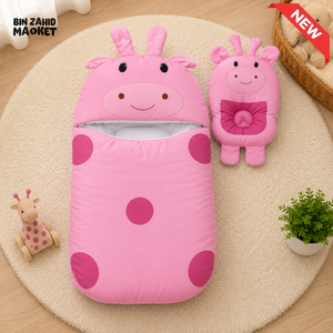 POLKA DOT GIRAFFE DESIGN COTTON POLYESTER BABY SLEEPING BAG WITH MATCHING PILLOW - PINK