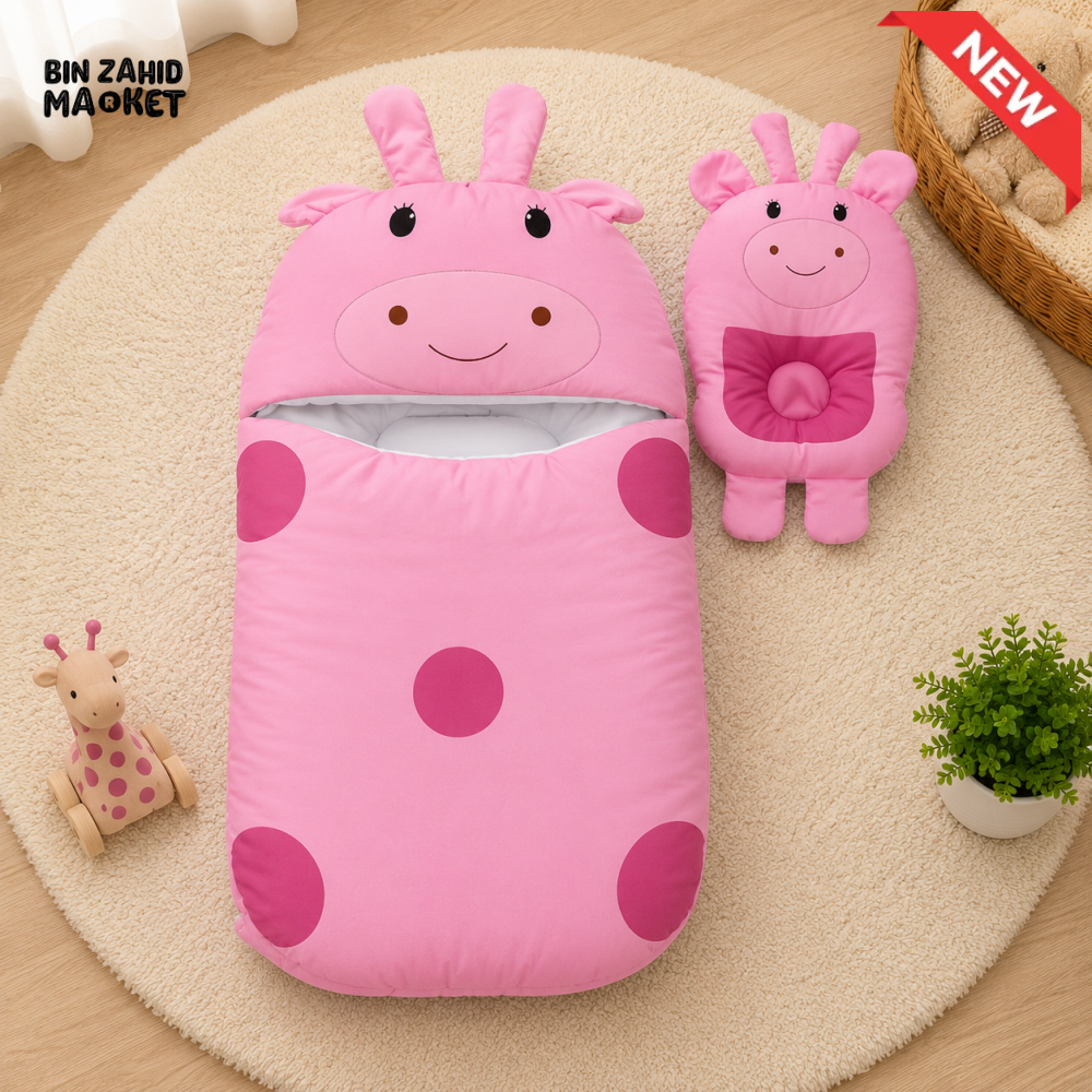POLKA DOT GIRAFFE DESIGN COTTON POLYESTER BABY SLEEPING BAG WITH MATCHING PILLOW - PINK