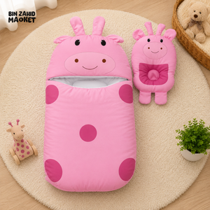 POLKA DOT GIRAFFE DESIGN COTTON POLYESTER BABY SLEEPING BAG WITH MATCHING PILLOW - PINK