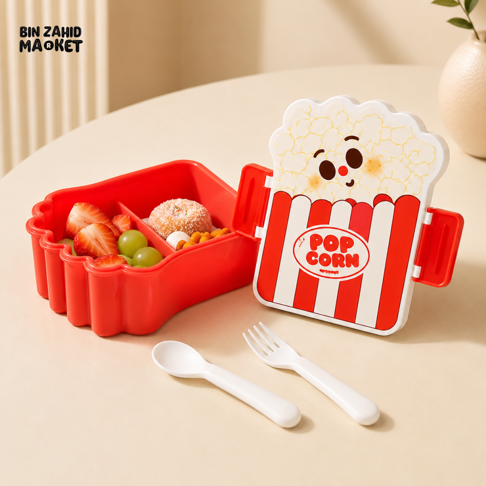 POPCORN DESIGN KIDS COMPARTMENT LUNCH BOX WITH CUTLERY