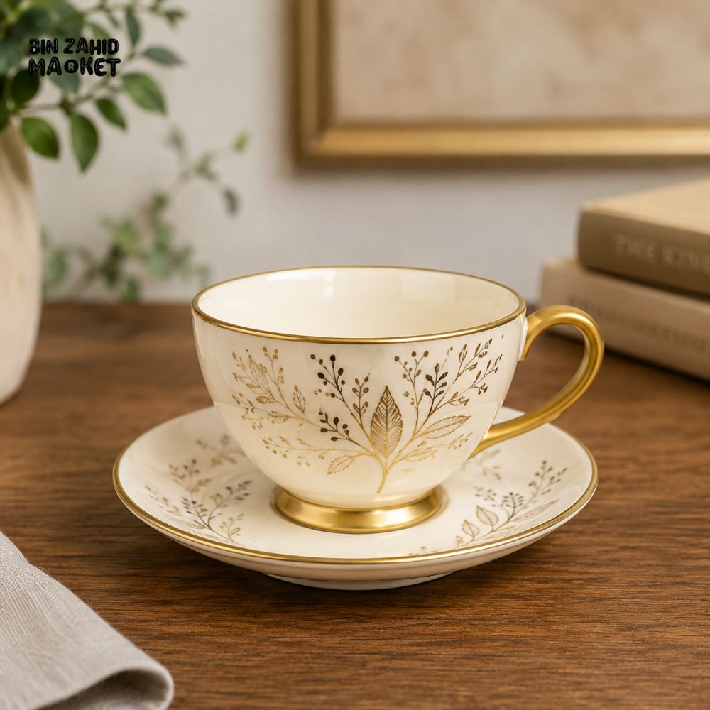 PORCELAIN CUP & SAUCER SET – GOLD FLORAL 6 PIECE - Cups & Saucers