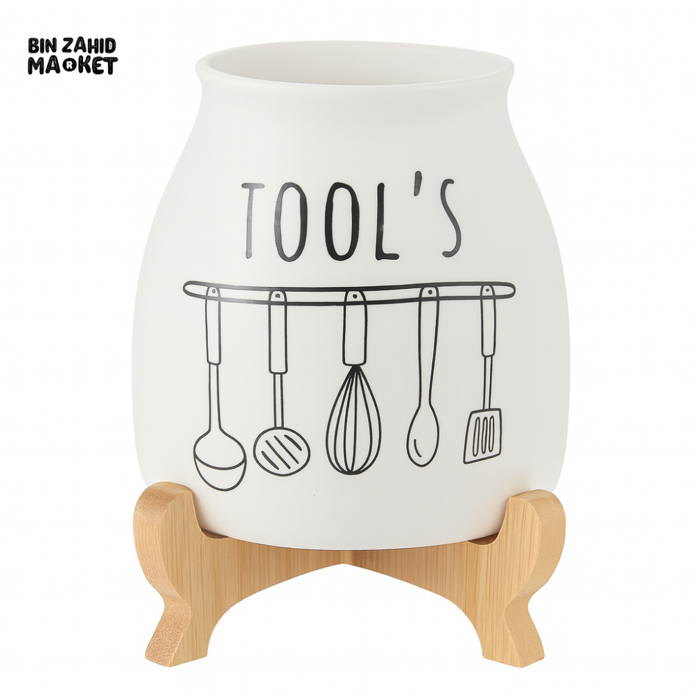 Porcelain Cutlery Holder With Bamboo Stand