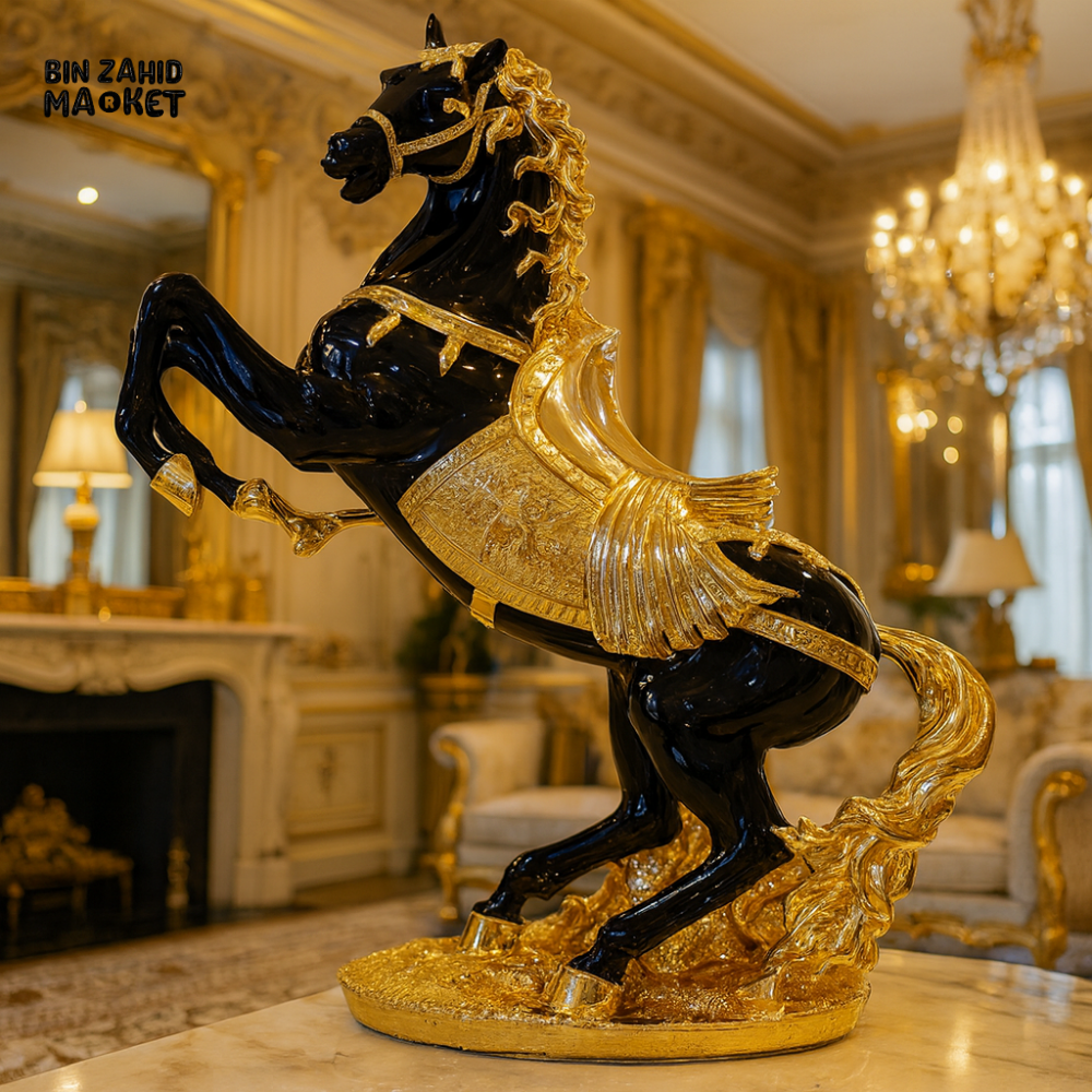 PORCELAIN HORSE DECORATION – 2FT LUXURY BLACK & GOLD SHOWPIECE STATUE