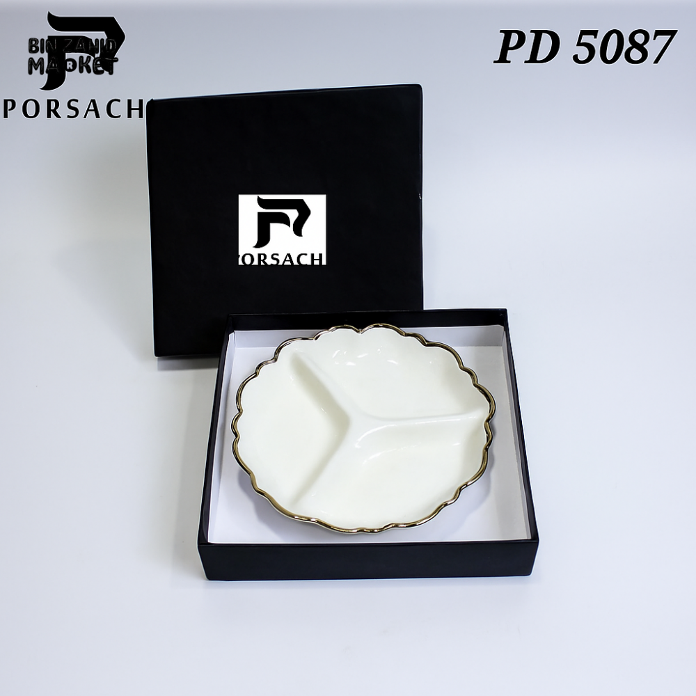PORSACHI 3-SECTION PORCELAIN SERVING DISH – WHITE & GOLD SCALLOPED PLATE