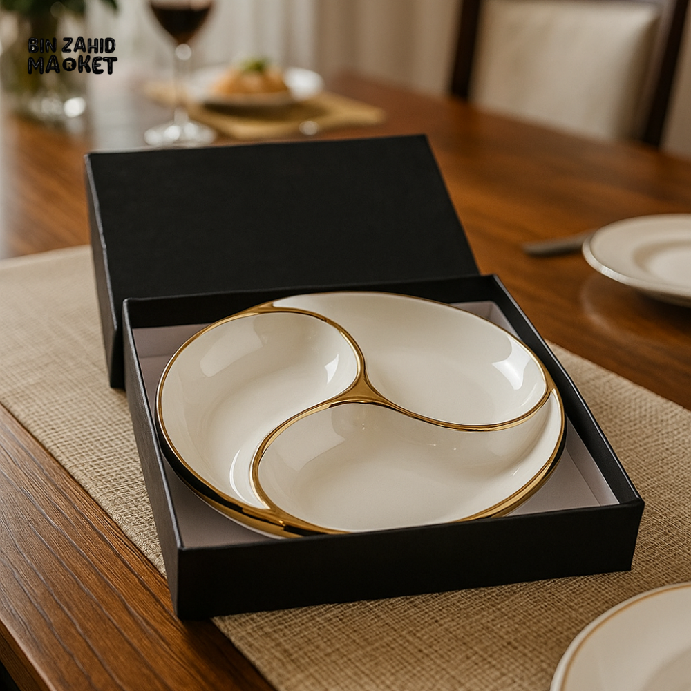 PORSACHI 3-SECTION PORCELAIN SERVING PLATE – WHITE & GOLD DIVIDED SNACK DISH