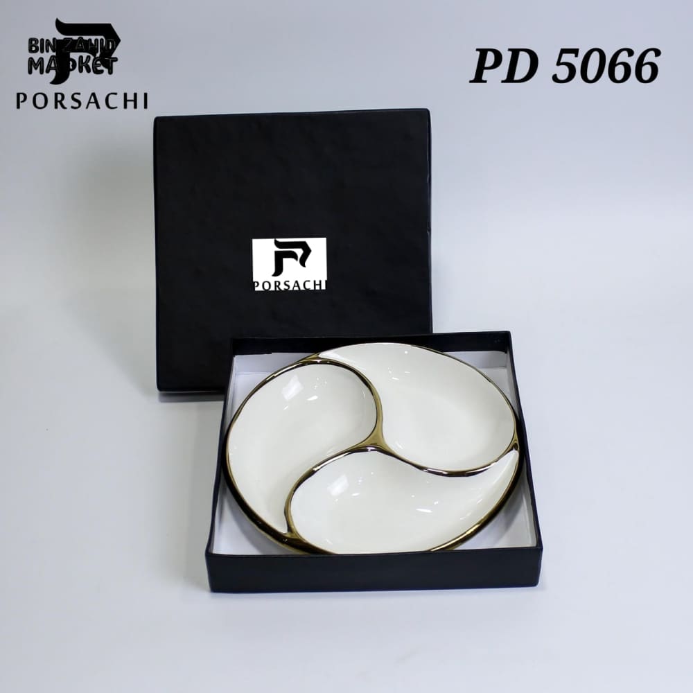 PORSACHI 3-SECTION PORCELAIN SERVING PLATE – WHITE & GOLD DIVIDED SNACK DISH