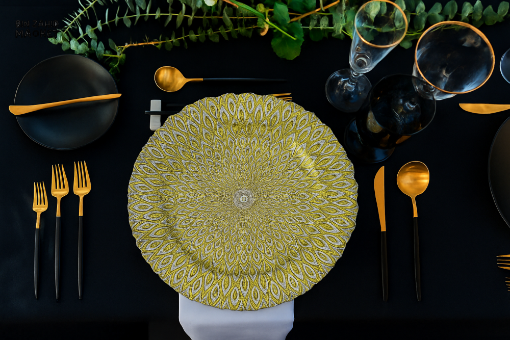 PORSACHI GOLD & SILVER PEACOCK DESIGN CHARGER PLATE – 33CM ROUND LUXURY DINING TABLE SERVING PLATE ELEGANT DINNERWARE FOR HOME & KITCHEN DECOR
