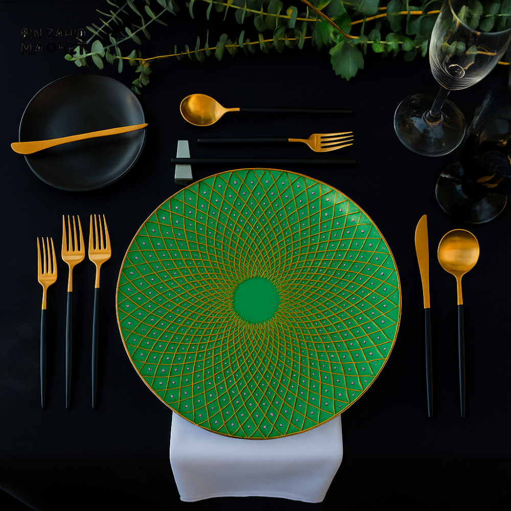 PORSACHI GREEN & GOLD LATTICE DESIGN CHARGER PLATE – 33CM ROUND LUXURY DINING TABLE SERVING PLATE ELEGANT DINNERWARE FOR HOME & KITCHEN DECOR