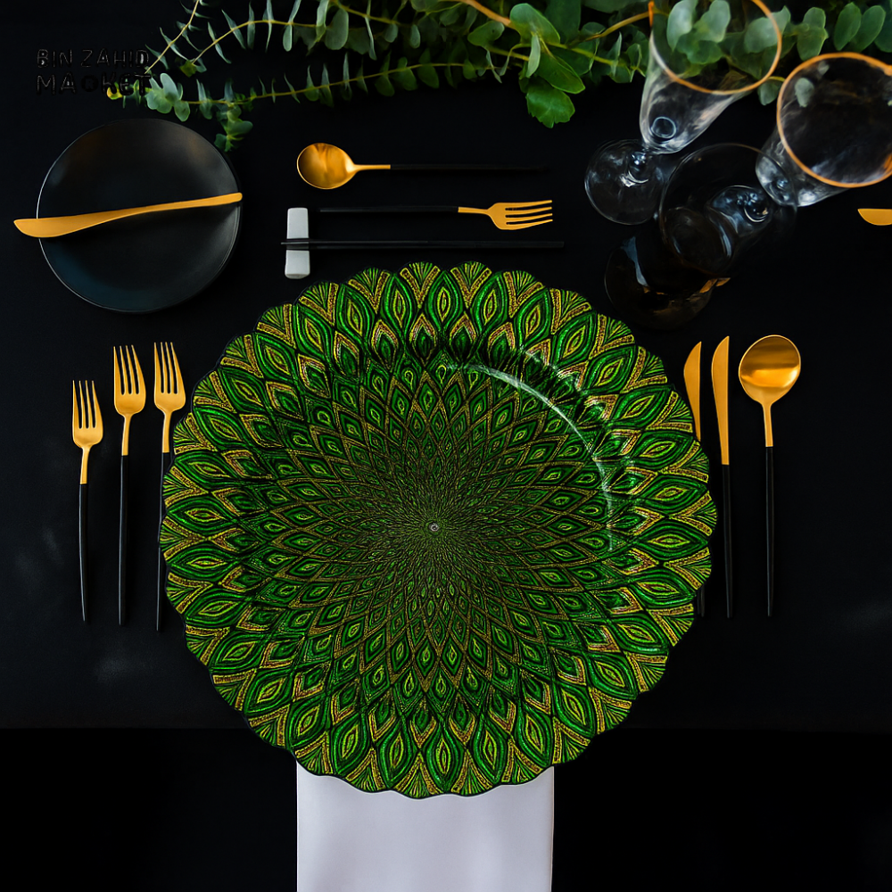 PORSACHI GREEN & GOLD PEACOCK DESIGN CHARGER PLATE – 33CM ROUND LUXURY DINING TABLE SERVING PLATE ELEGANT DINNERWARE FOR HOME & KITCHEN DECOR