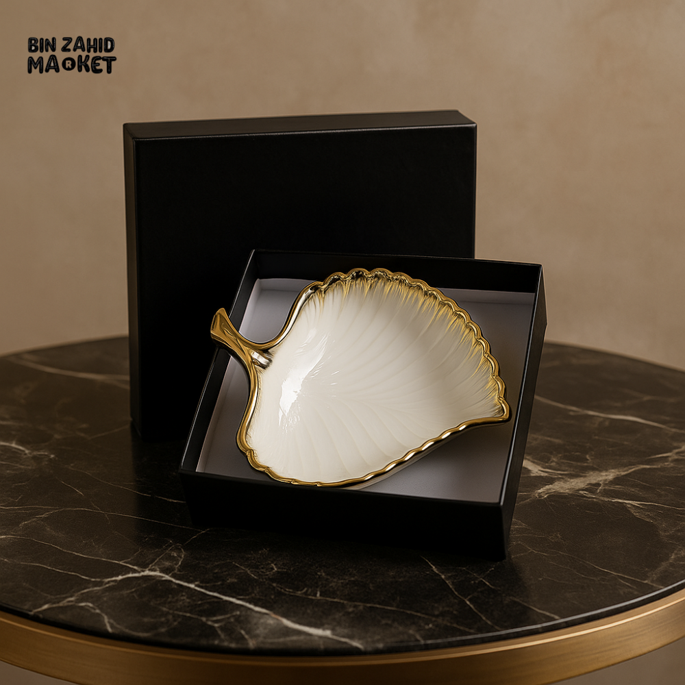 PORSACHI LEAF-SHAPED PORCELAIN SERVING DISH – WHITE & GOLD LUXURY BOWL