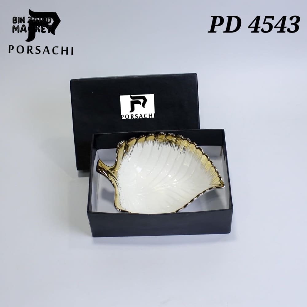 PORSACHI LEAF-SHAPED PORCELAIN SERVING DISH – WHITE & GOLD LUXURY BOWL