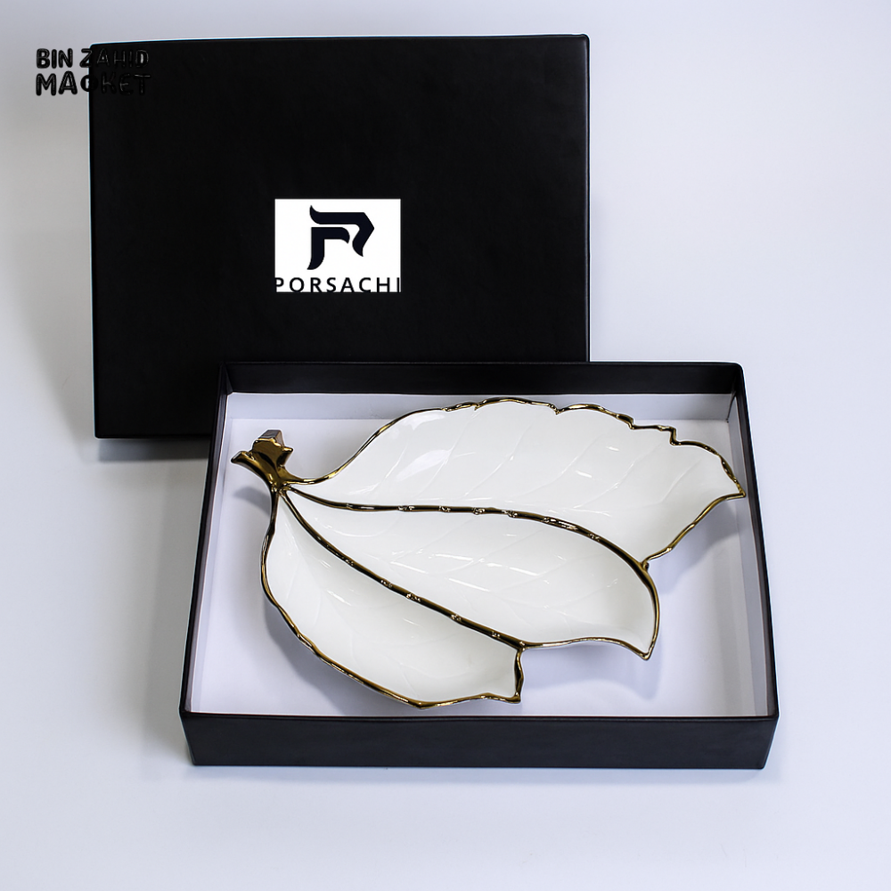 PORSACHI LEAF-SHAPED PORCELAIN SERVING PLATTER – WHITE & GOLD LUXURY DISH