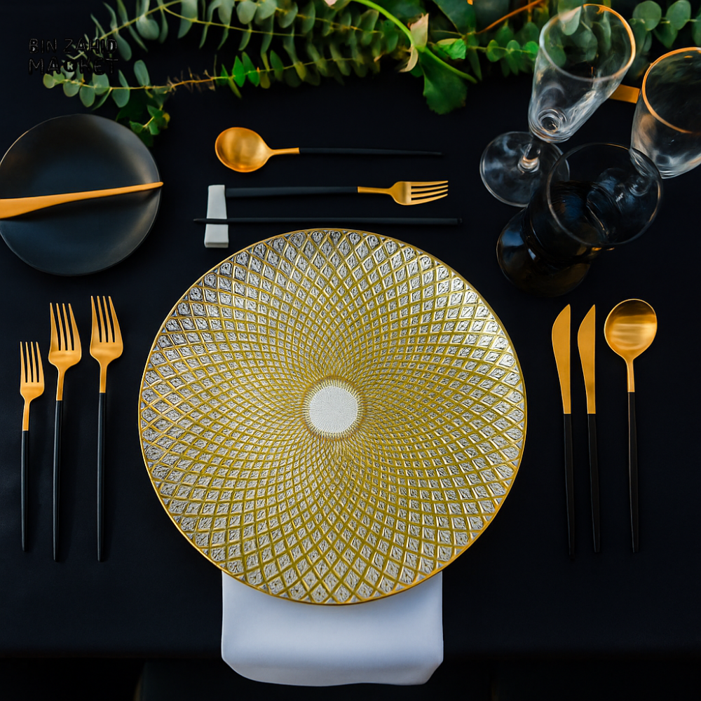 PORSACHI LUXURY GOLD & SILVER CHARGER PLATE – 33CM ROUND DINING TABLE DECOR ELEGANT DINNERWARE SERVING PLATE FOR KITCHEN & HOME DECOR