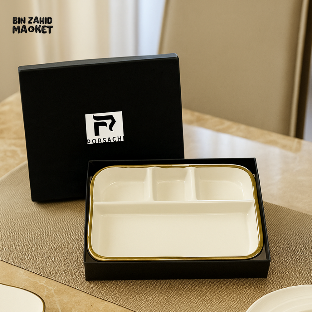 PORSACHI RECTANGULAR DIVIDED PORCELAIN SERVING TRAY – WHITE & GOLD 4-COMPARTMENT PLATTER