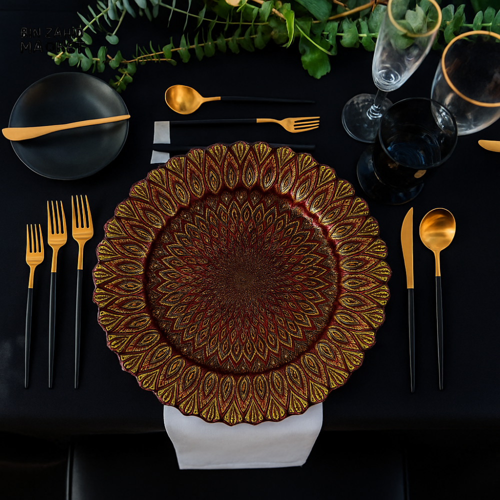 PORSACHI RED & GOLD PEACOCK DESIGN CHARGER PLATE – 33CM ROUND LUXURY DINING TABLE SERVING PLATE ELEGANT DINNERWARE FOR HOME & KITCHEN DECOR