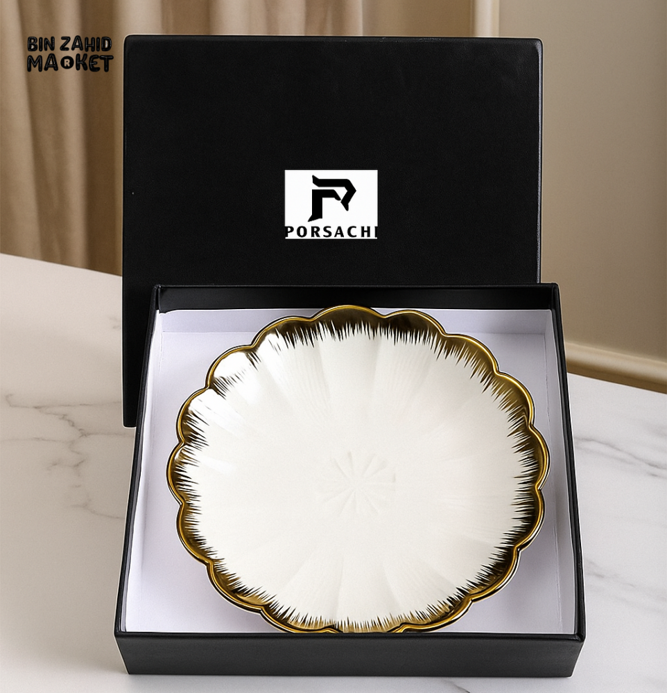 PORSACHI SCALLOPED PORCELAIN SERVING PLATE – WHITE & GOLD LUXURY DISH