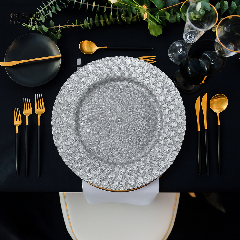 PORSACHI SILVER PEACOCK DESIGN CHARGER PLATE – 33CM ROUND LUXURY DINING TABLE SERVING PLATE ELEGANT DINNERWARE FOR HOME & KITCHEN DECOR