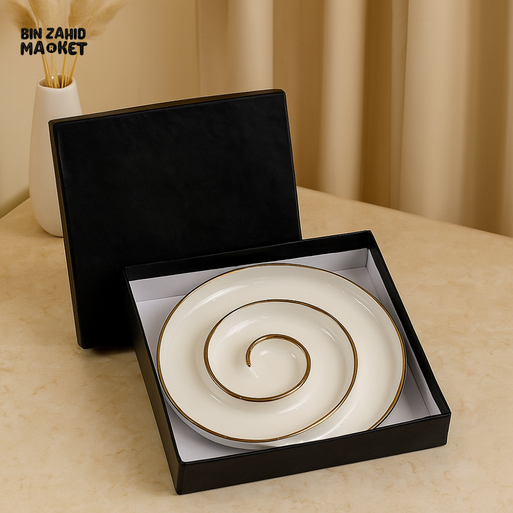PORSACHI SPIRAL PORCELAIN SERVING PLATE – WHITE & GOLD LUXURY SNACK PLATTER